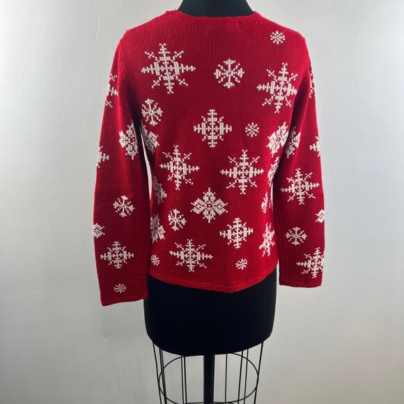 Petite Sophisticate Red White Cardigan Sweater Knit Snowflake Full Zip Small S - Picture 7 of 11